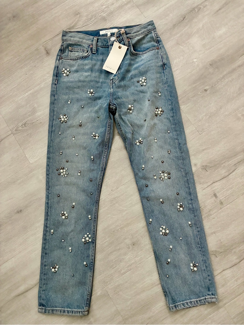 Joie Light Blue Pearl-Embellished Boyfriend Jeans
